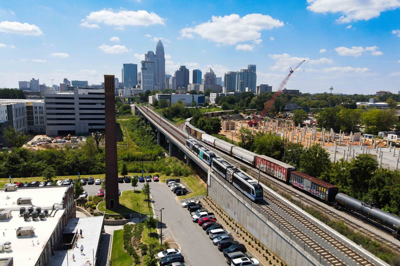 Charlotte skyline with a CATS light rail train